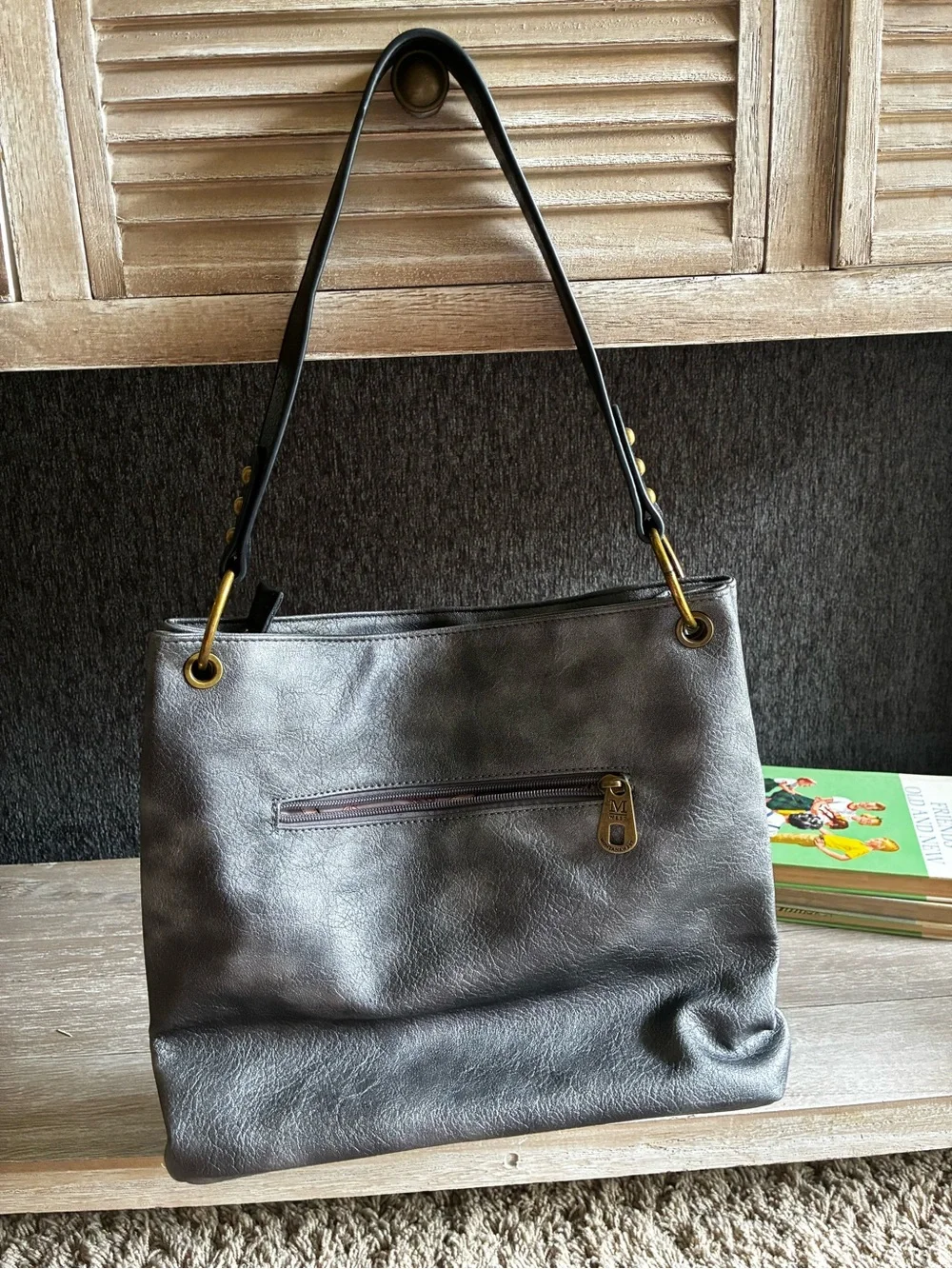 Montana West Gray and Black Shoulder Bag with Gold Accents